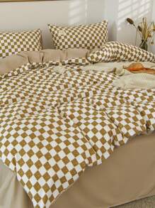 1入組棋盤格圖案被套現代滌綸透氣床上用品被套 - 咖啡棕 - 查看 6