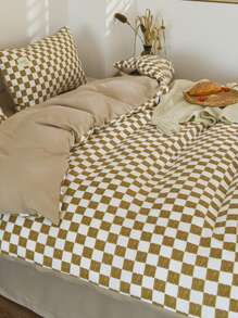 1入組棋盤格圖案被套現代滌綸透氣床上用品被套 - 咖啡棕 - 查看 2