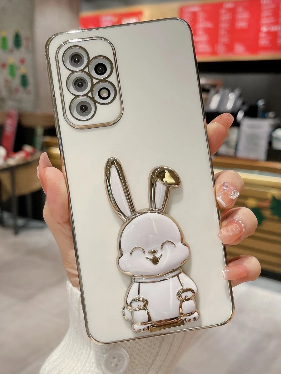 Compatible With Iphone 16 1pc Rabbit Decor Phone Case With Stand,International Version, Not The Domestic Version - White - View 1
