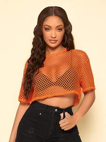 SHEIN SXY Hollow Out Drop Shoulder Crop Top - Orange - View 3