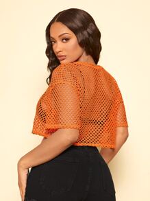 SHEIN SXY Hollow Out Drop Shoulder Crop Top - Orange - View 2