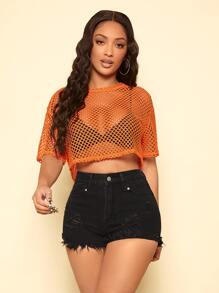SHEIN SXY Hollow Out Drop Shoulder Crop Top - Orange - View 4