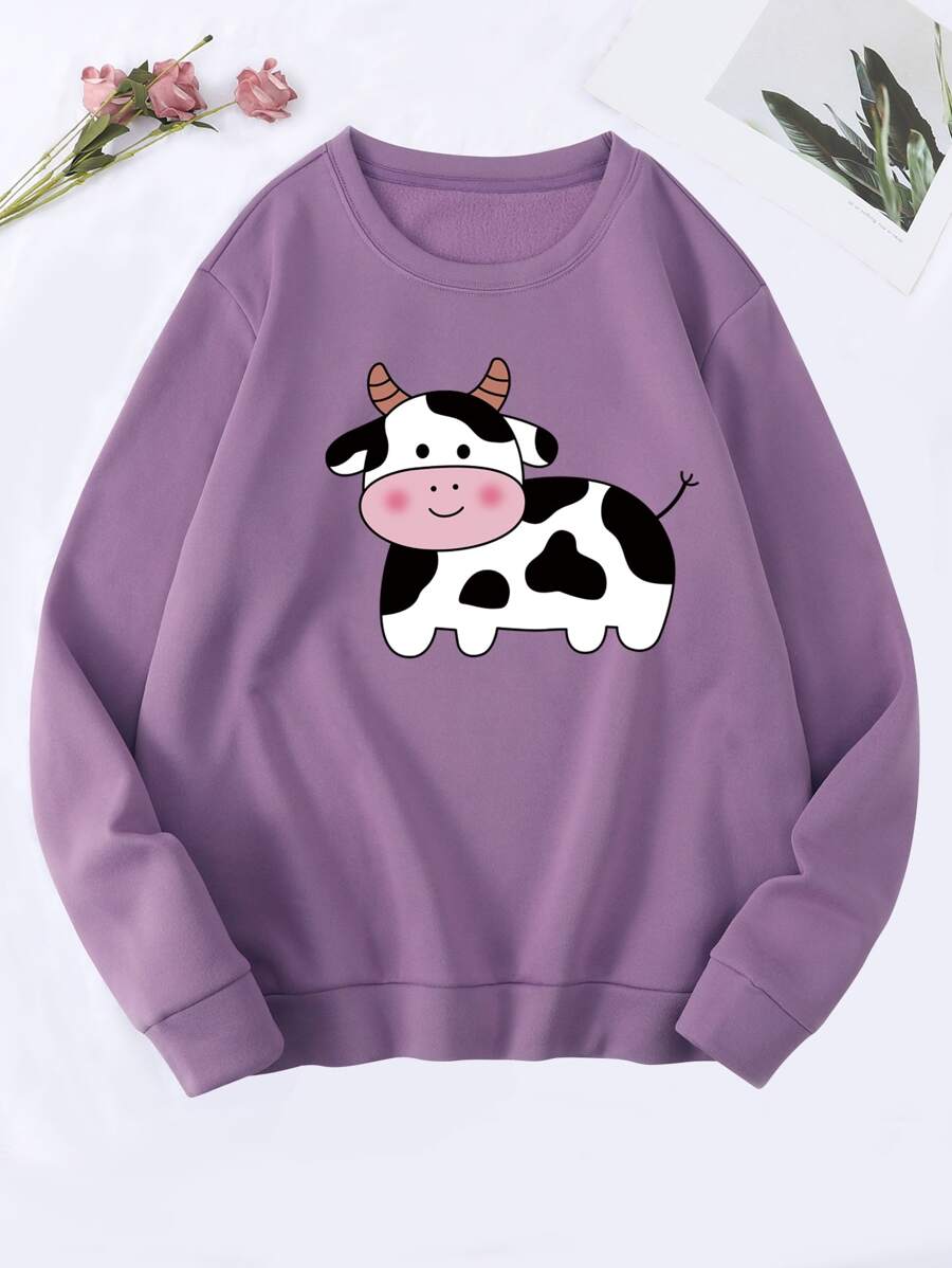 SHEIN Qutie Sudadera con estampado de vaca con forro térmico - Púrpura malva - Ver 1