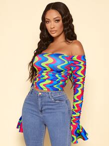 SHEIN SXY Camiseta de hombros descubiertos de manga con volante fruncido lateral fruncido con estampado de onda - Multicolor - Ver 6