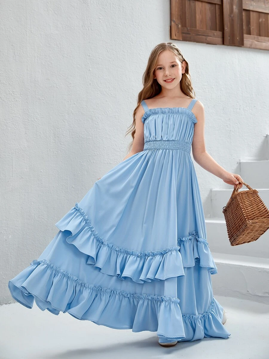 SHEIN 女孩腰部打褶荷葉邊吊帶連衣裙 - 淺藍色 - 查看 1