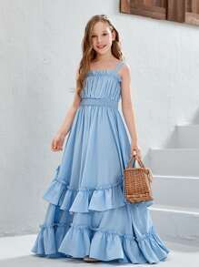SHEIN 女孩腰部打褶荷葉邊吊帶連衣裙 - 淺藍色 - 查看 4