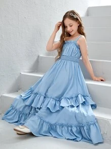 SHEIN 女孩腰部打褶荷葉邊吊帶連衣裙 - 淺藍色 - 查看 6