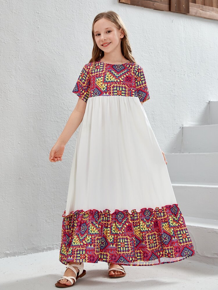 Tween Girl Geometric Printed Patchwork Plain Loose Short Sleeve Dress With Ruffle Hem