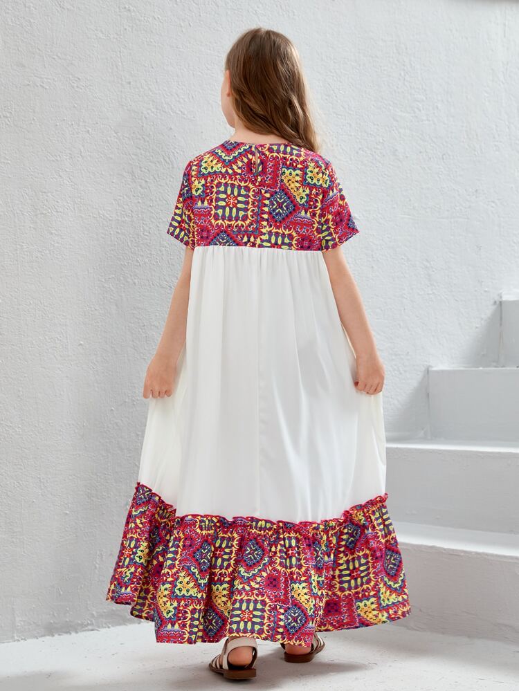 Tween Girl Geometric Printed Patchwork Plain Loose Short Sleeve Dress With Ruffle Hem
