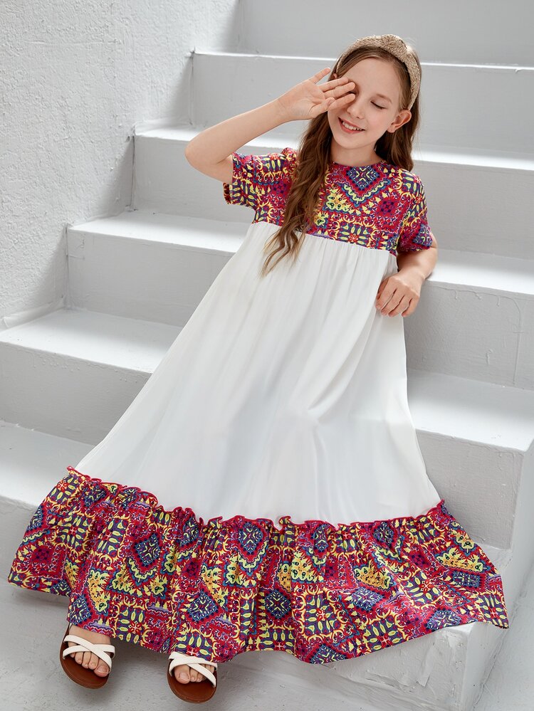 Tween Girl Geometric Printed Patchwork Plain Loose Short Sleeve Dress With Ruffle Hem