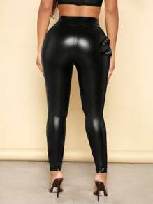 SHEIN SXY 網紗拼接拼接PU皮打底褲 - 黑色 - 查看 2