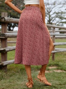 SHEIN VCAY Váy nữ Tách cao Họa tiết hoa Boho - Đỏ - Xem 2