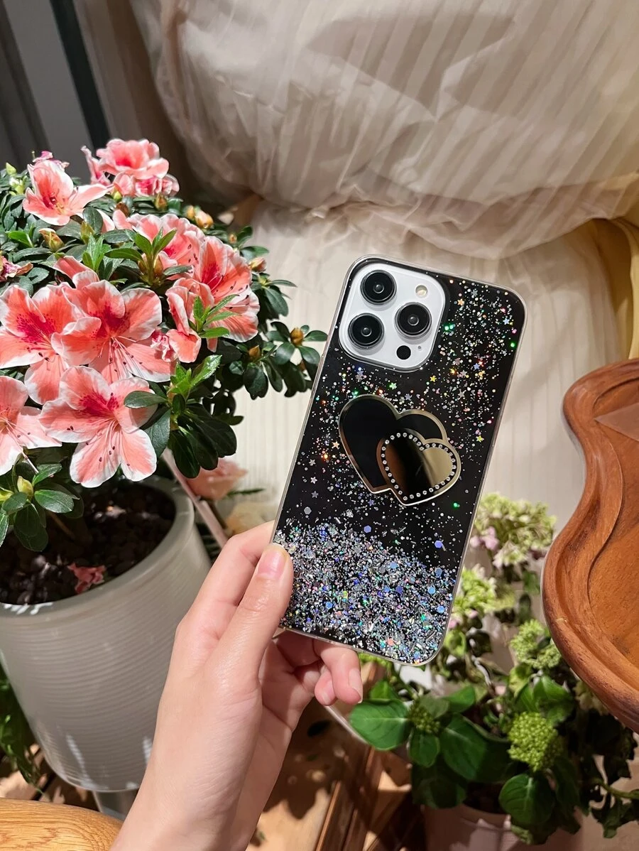 Sequin Decor Phone Case With Heart Design Mirror - Black - View 1