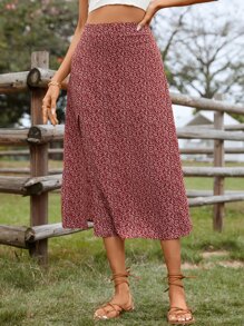 SHEIN VCAY Váy nữ Tách cao Họa tiết hoa Boho - Đỏ - Xem 4