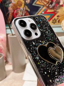 Sequin Decor Phone Case With Heart Design Mirror - Black - View 2