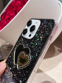 Sequin Decor Phone Case With Heart Design Mirror - Black - View 3