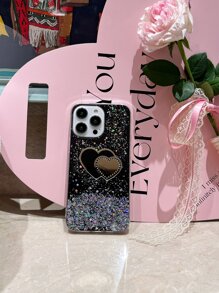 Sequin Decor Phone Case With Heart Design Mirror - Black - View 4
