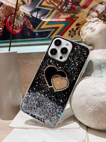 Sequin Decor Phone Case With Heart Design Mirror - Black - View 6