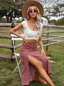 SHEIN VCAY Váy nữ Tách cao Họa tiết hoa Boho - Đỏ - Xem 7