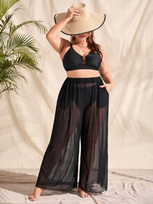 SHEIN Swim Curve Pantalones de pierna ancha de malla transparente sin fondo de bikini - Negro - Ver 5