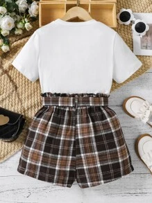 女孩飲料印花T恤和格紋紙袋腰短褲 - 彩色 - 查看 2