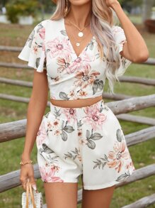 SHEIN VCAY 印花交疊領短款上衣和短褲