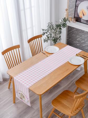 1pc Rabbit & Floral Print Table Runner, Cartoon Rabbit & Flower Print Polyester Table Runner For Desk