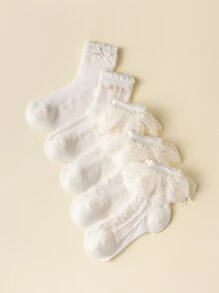 Niñas 5 pares Calcetines de tripulación ribete con fruncido - Beis - Ver 1