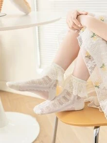 Niñas 5 pares Calcetines de tripulación ribete con fruncido - Beis - Ver 4