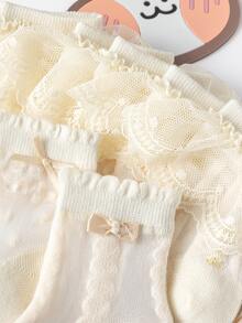 Niñas 5 pares Calcetines de tripulación ribete con fruncido - Beis - Ver 5