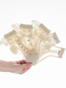 Niñas 5 pares Calcetines de tripulación ribete con fruncido - Beis - Ver 8