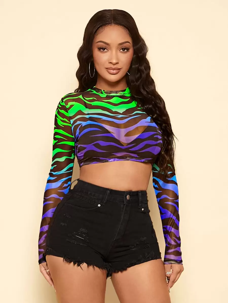 SHEIN SXY Summer;Sheer Zebra Striped Sheer Crop Top Without Bra | SHEIN EUR