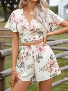 SHEIN VCAY 印花交疊領短款上衣和短褲