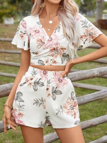 SHEIN VCAY 印花交疊領短款上衣和短褲