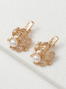 2入組珍珠和中國龍裝飾髮夾 - 金色 - 查看 1