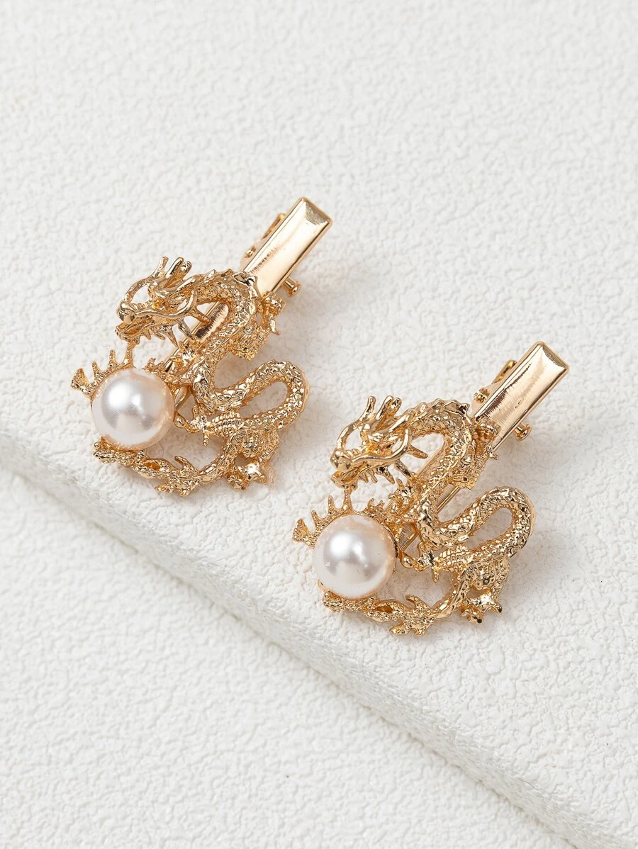2入組珍珠和中國龍裝飾髮夾 - 金色 - 查看 1