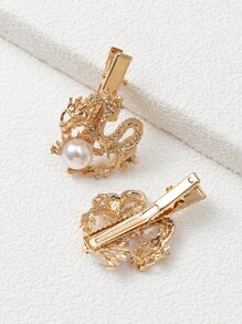 2入組珍珠和中國龍裝飾髮夾 - 金色 - 查看 2