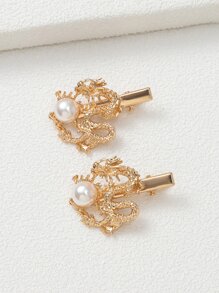 2入組珍珠和中國龍裝飾髮夾 - 金色 - 查看 3