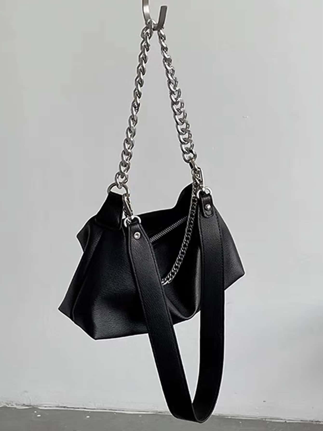 極簡鏈條時尚復古黑色PU皮革包雙帶女士單肩包 - 黑色 - 查看 1