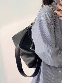 極簡鏈條時尚復古黑色PU皮革包雙帶女士單肩包 - 黑色 - 查看 2