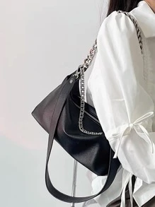 極簡鏈條時尚復古黑色PU皮革包雙帶女士單肩包 - 黑色 - 查看 3