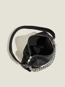 極簡鏈條時尚復古黑色PU皮革包雙帶女士單肩包 - 黑色 - 查看 4