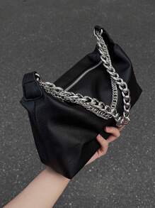 極簡鏈條時尚復古黑色PU皮革包雙帶女士單肩包 - 黑色 - 查看 5