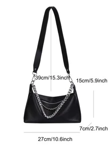 極簡鏈條時尚復古黑色PU皮革包雙帶女士單肩包 - 黑色 - 查看 7