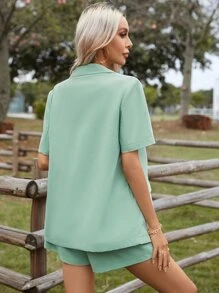 SHEIN LUNE Áo khoác cổ ve trơn và quần short cho mùa thu/đông - Màu xanh Bạc hà - Xem 2