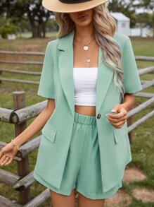 SHEIN LUNE Áo khoác cổ ve trơn và quần short cho mùa thu/đông - Màu xanh Bạc hà - Xem 4
