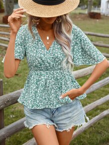 SHEIN VCAY 碎花蝴蝶袖荷葉邊下擺襯衫 - 綠色 - 查看 5