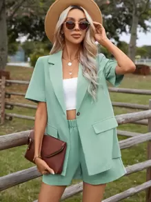 SHEIN LUNE Áo khoác cổ ve trơn và quần short cho mùa thu/đông - Màu xanh Bạc hà - Xem 1