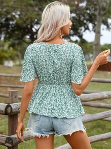 SHEIN VCAY 碎花蝴蝶袖荷葉邊下擺襯衫 - 綠色 - 查看 2