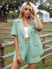 SHEIN LUNE Áo khoác cổ ve trơn và quần short cho mùa thu/đông - Màu xanh Bạc hà - Xem 7